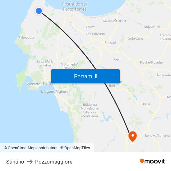 Stintino to Pozzomaggiore map