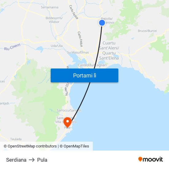 Serdiana to Pula map