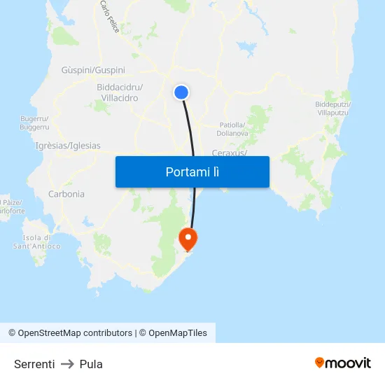 Serrenti to Pula map