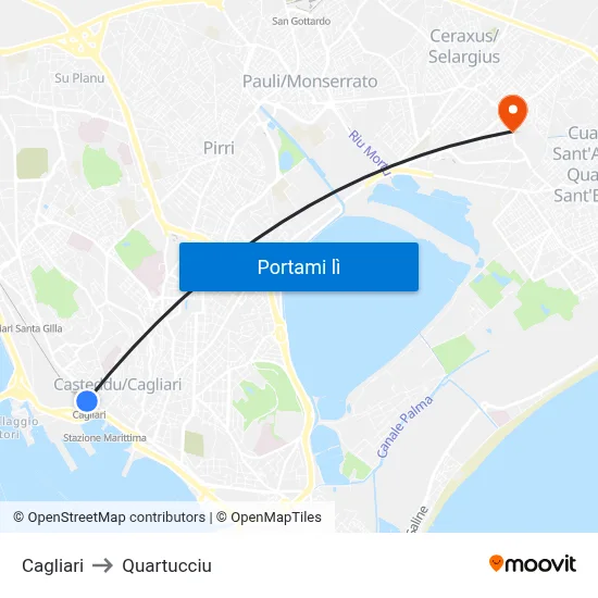 Cagliari to Quartucciu map