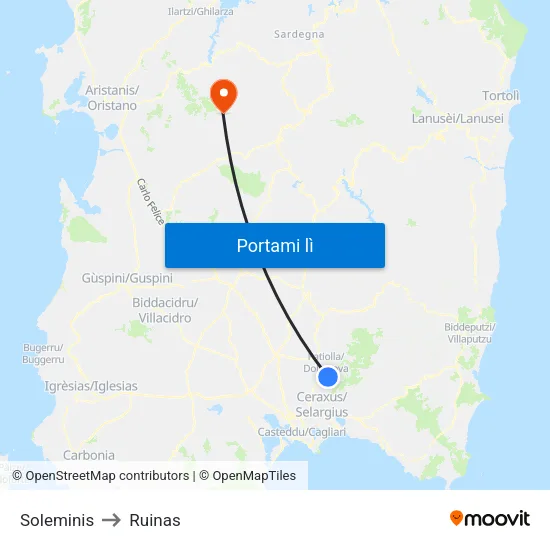 Soleminis to Ruinas map