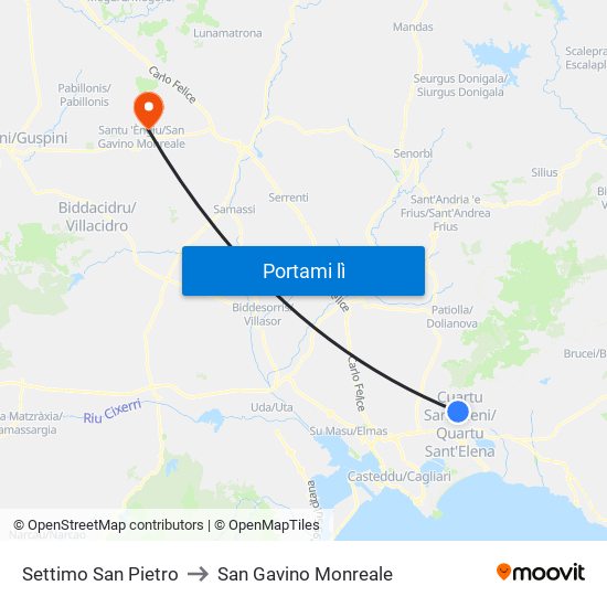 Settimo San Pietro to San Gavino Monreale map