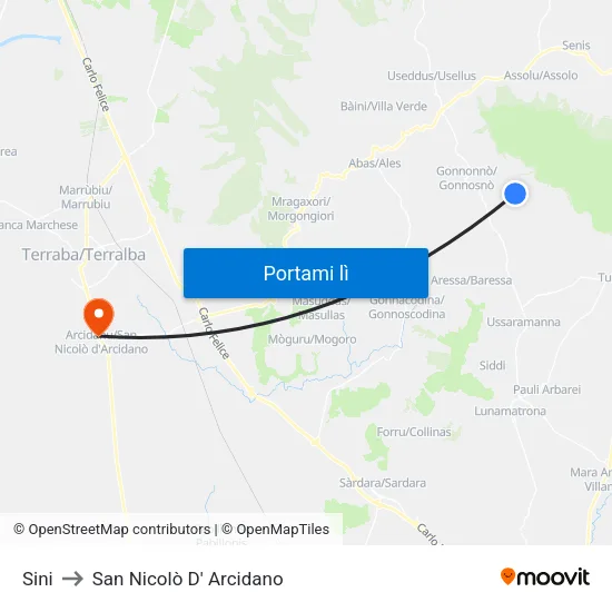 Sini to San Nicolò D' Arcidano map
