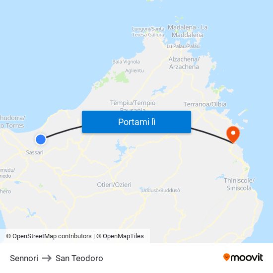 Sennori to San Teodoro map