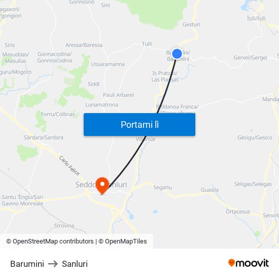 Barumini to Sanluri map