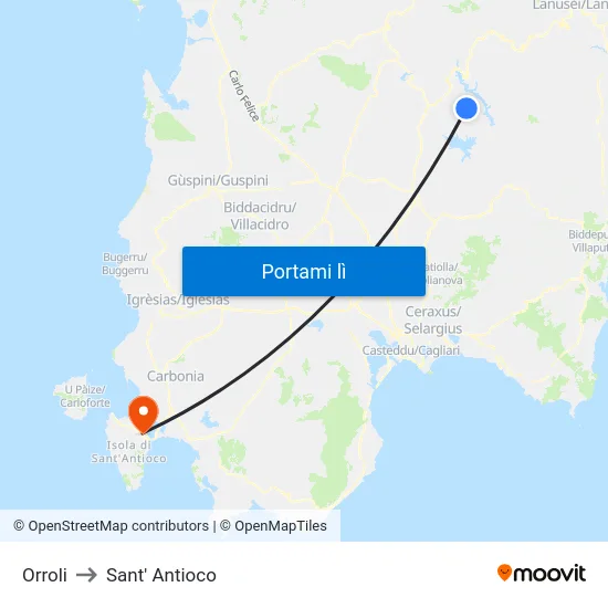 Orroli to Sant' Antioco map