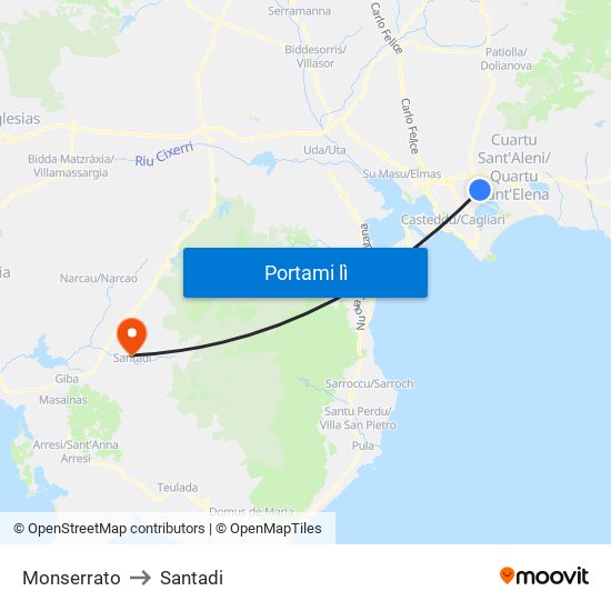 Monserrato to Santadi map