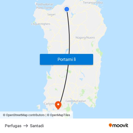 Perfugas to Santadi map