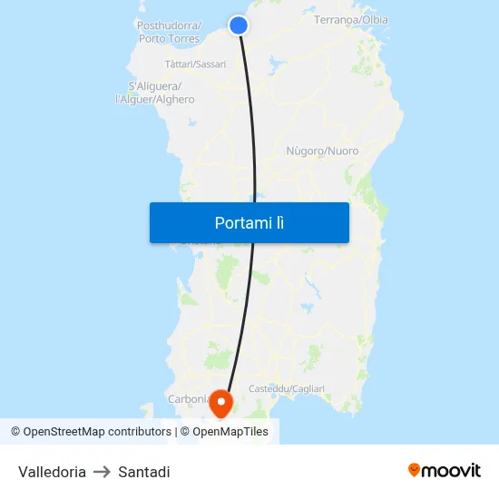 Valledoria to Santadi map