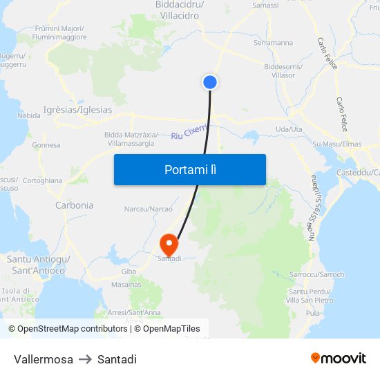 Vallermosa to Santadi map