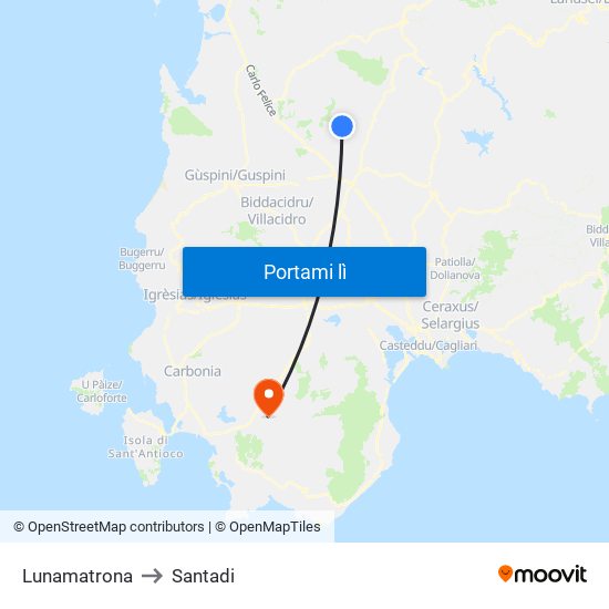 Lunamatrona to Santadi map