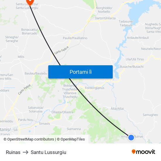 Ruinas to Santu Lussurgiu map