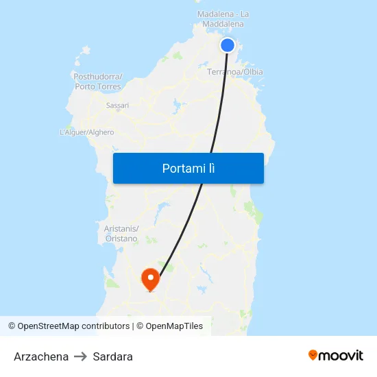 Arzachena to Sardara map