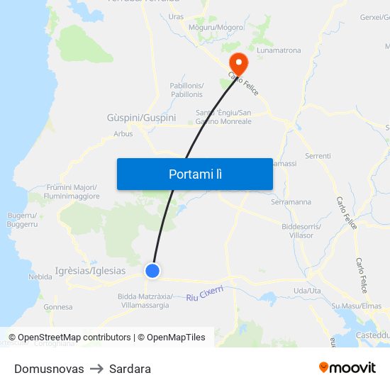 Domusnovas to Sardara map