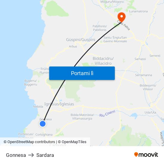 Gonnesa to Sardara map
