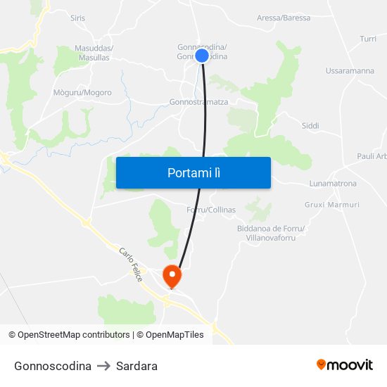 Gonnoscodina to Sardara map