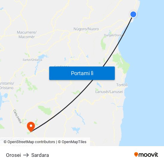 Orosei to Sardara map