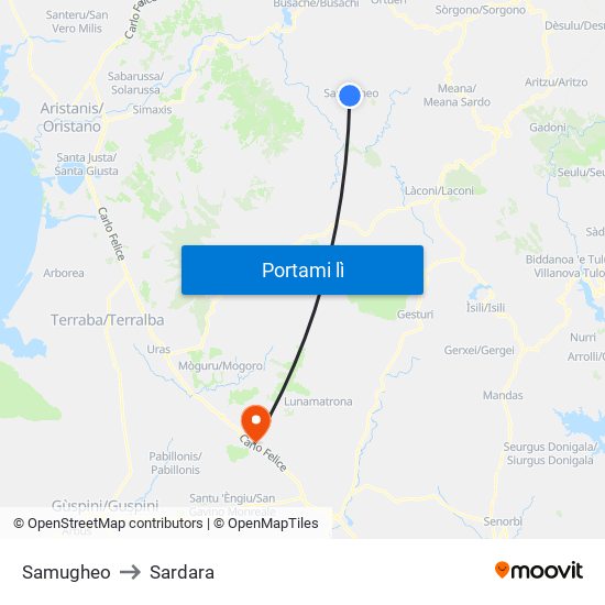 Samugheo to Sardara map