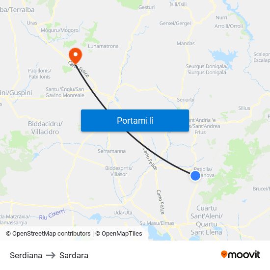 Serdiana to Sardara map