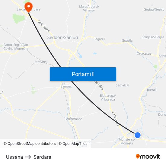 Ussana to Sardara map