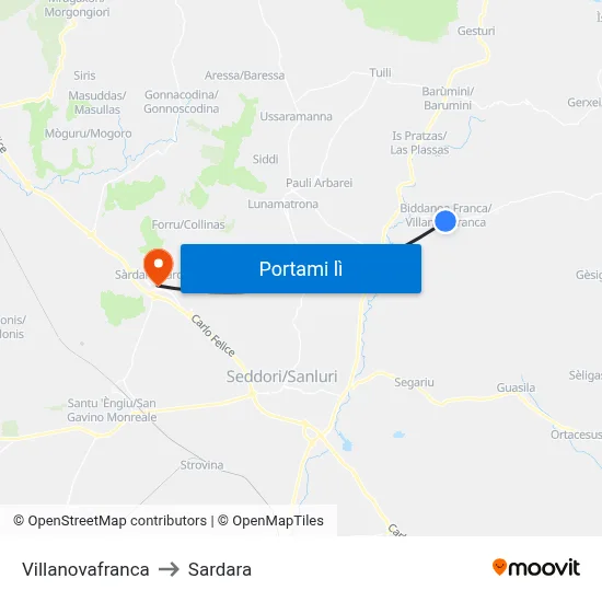 Villanovafranca to Sardara map