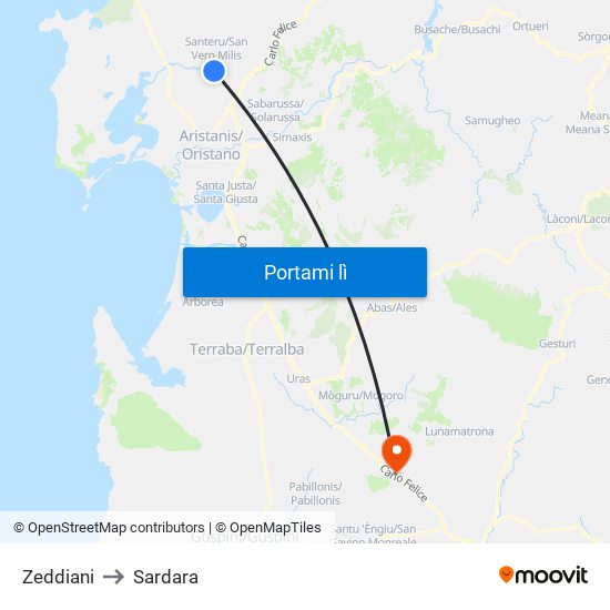 Zeddiani to Sardara map