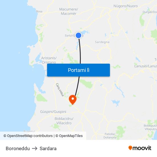 Boroneddu to Sardara map