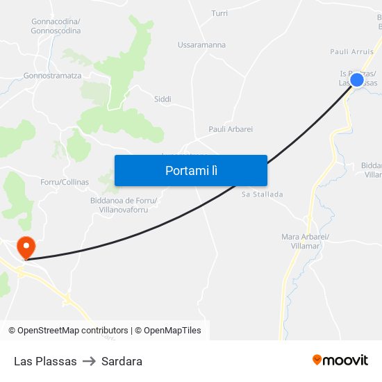 Las Plassas to Sardara map