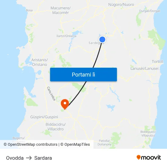 Ovodda to Sardara map