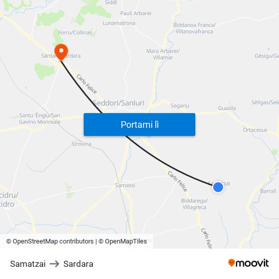 Samatzai to Sardara map
