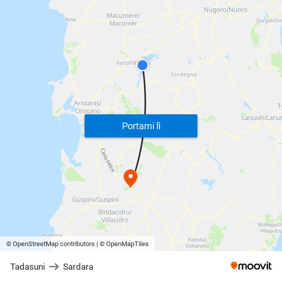 Tadasuni to Sardara map