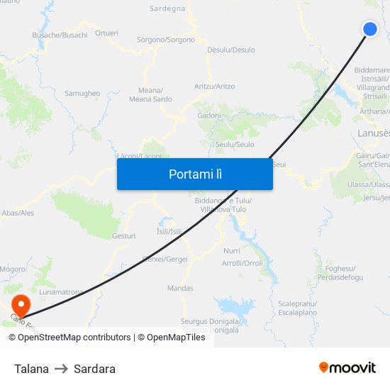 Talana to Sardara map