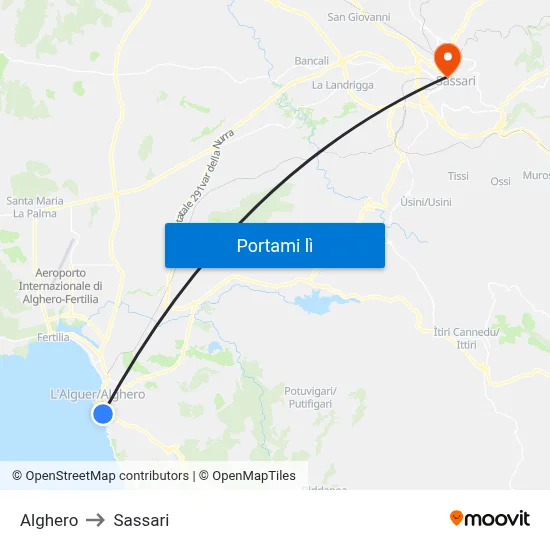 Alghero to Sassari map