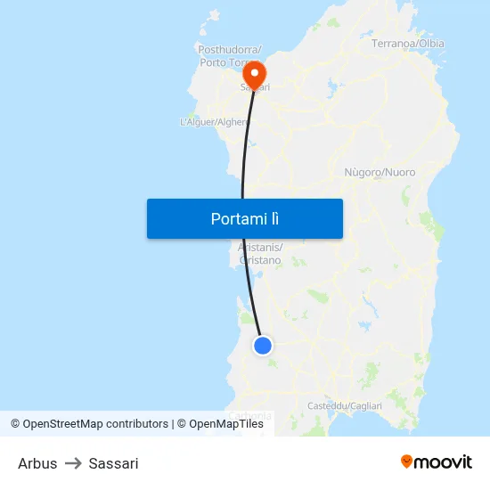 Arbus to Sassari map