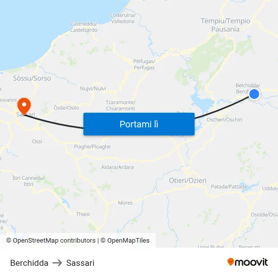 Berchidda to Sassari map
