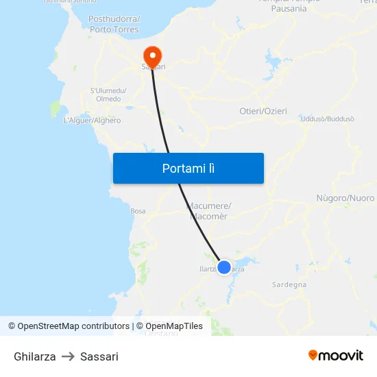 Ghilarza to Sassari map