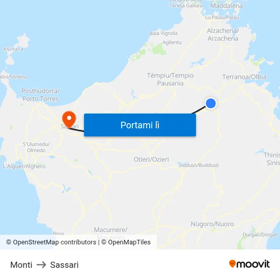 Monti to Sassari map