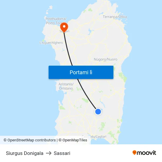 Siurgus Donigala to Sassari map