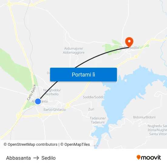Abbasanta to Sedilo map