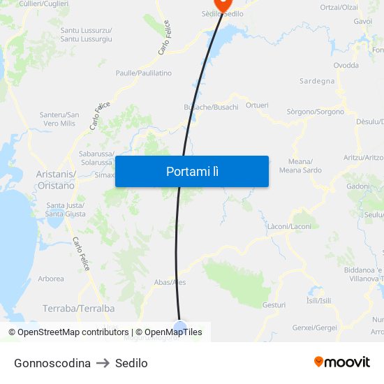 Gonnoscodina to Sedilo map