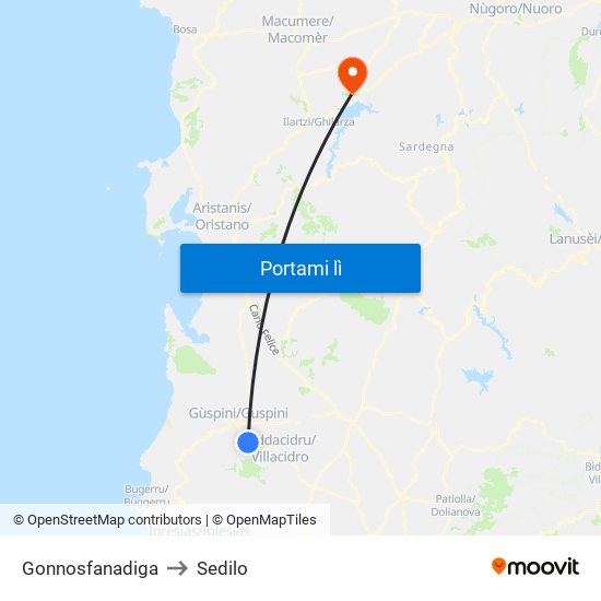 Gonnosfanadiga to Sedilo map