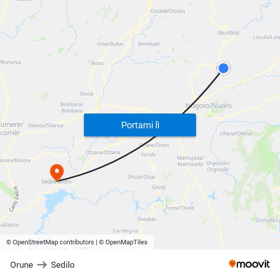 Orune to Sedilo map