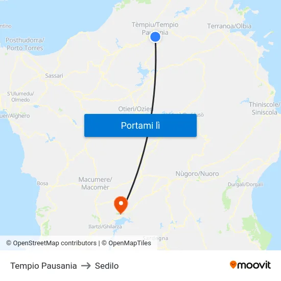 Tempio Pausania to Sedilo map