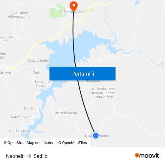 Neoneli to Sedilo map