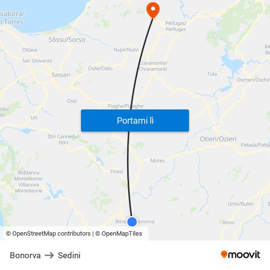 Bonorva to Sedini map