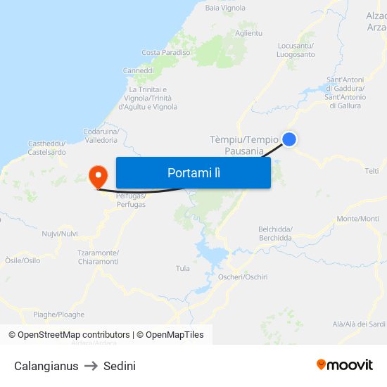 Calangianus to Sedini map