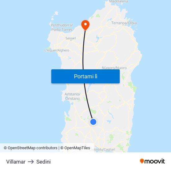 Villamar to Sedini map