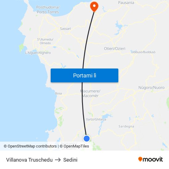 Villanova Truschedu to Sedini map