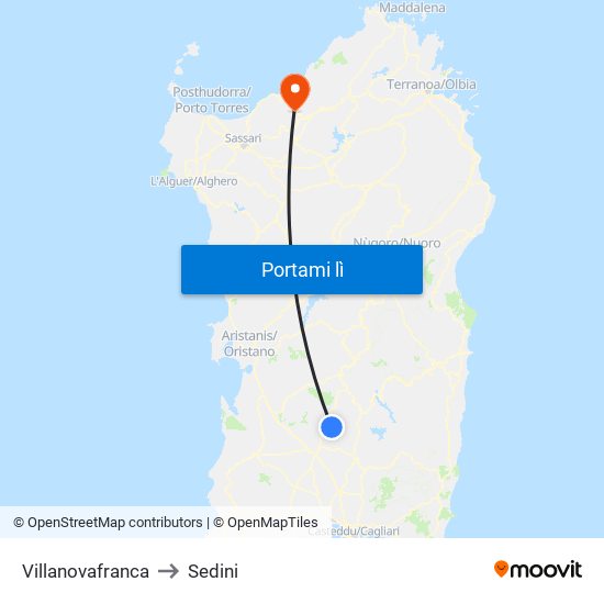 Villanovafranca to Sedini map