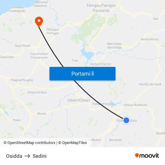 Osidda to Sedini map